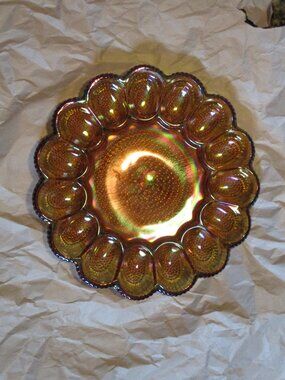 Indiana Glass Hobnail Deviled Egg Plate Iridescent Gold Carnival Amber 11"